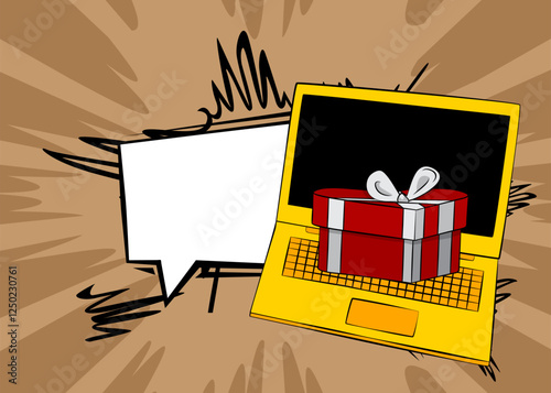 Cartoon Laptop, comic book Notebook with Valentine day gift box. Retro vector comics pop art design.