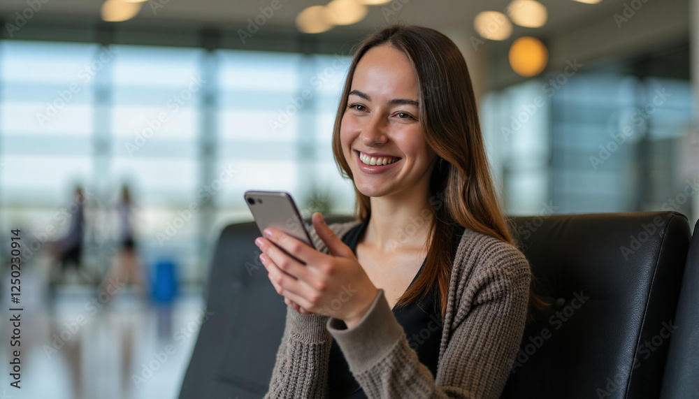 Smiling woman using smartphone in modern indoor setting Smiling woman using smartphone in modern indoor setting
