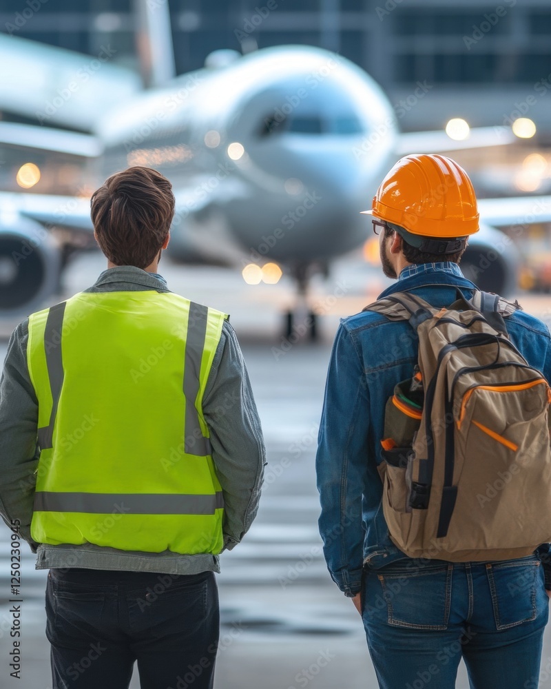 Obraz premium Airport workers observing airplane operations.