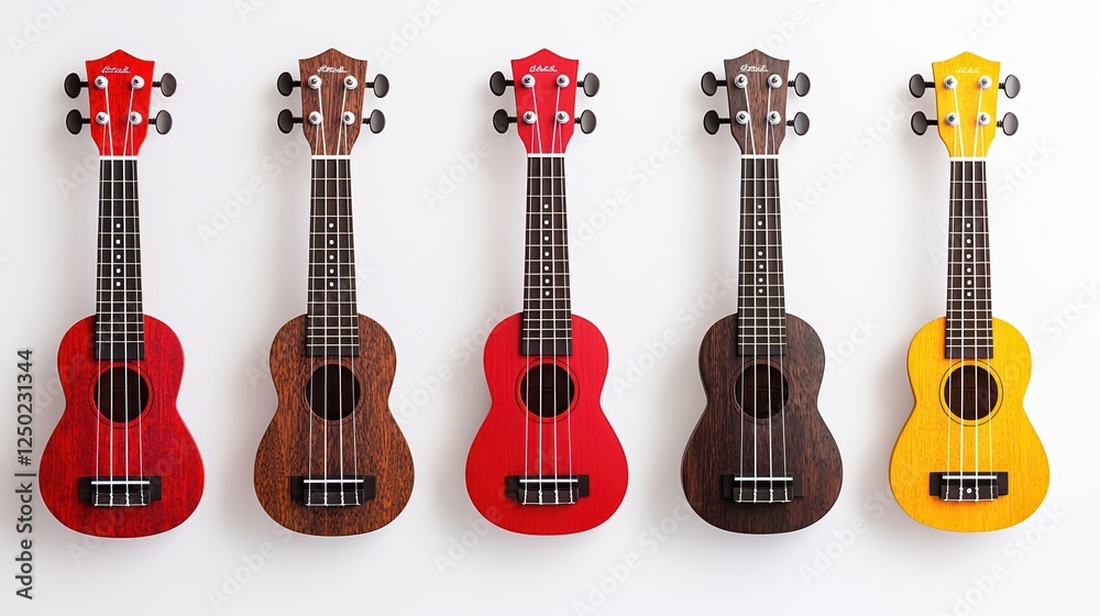 Naklejka premium A vibrant display of colorful ukuleles arranged in a row against a clean background, showcasing their unique designs and playful tones.