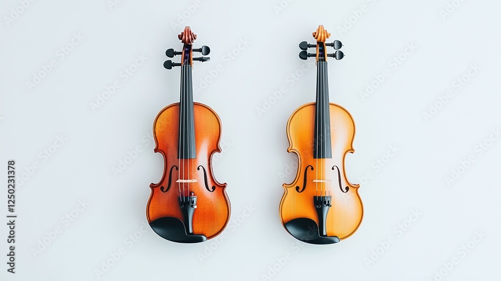 Naklejka premium Two elegant violins mounted on a light wall, showcasing their craftsmanship and vibrant colors, creating a harmonious visual appeal.