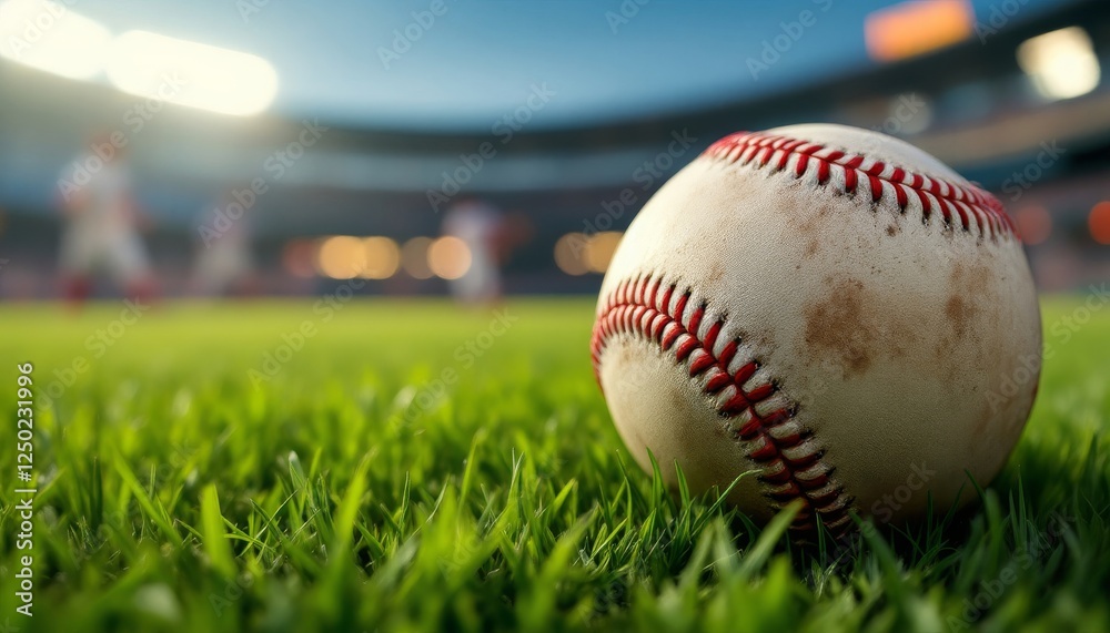 Baseball Rests On Green Grass In Stadium Baseball Rests On Green Grass In Stadium