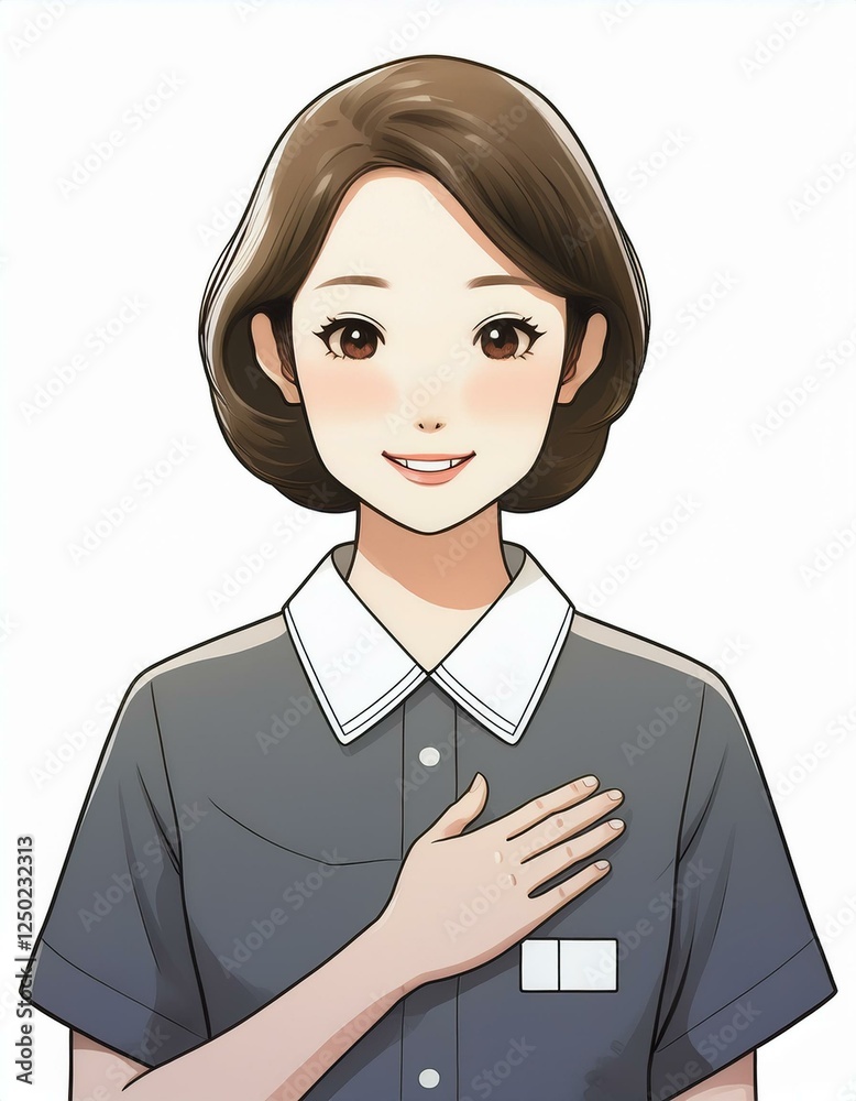 介護や看護の制服を着た女性スタッフが胸に手を当てるイラスト。私にお任せくださいという安心感を与えているジェスチャー。AIで生成