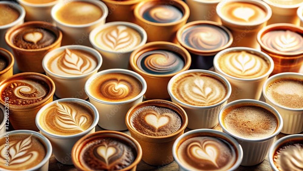 Miniature Latte & Cappuccino Cups: Top View Tilt-Shift Coffee Photo Miniature Latte & Cappuccino Cups: Top View Tilt-Shift Coffee Photo