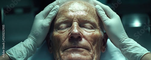 Close-up of an elderly man with closed eyes, attended by hands in sterile gloves, possibly indicating a medical examination, death preparation, or care in a clinical setting, highlighting themes of photo