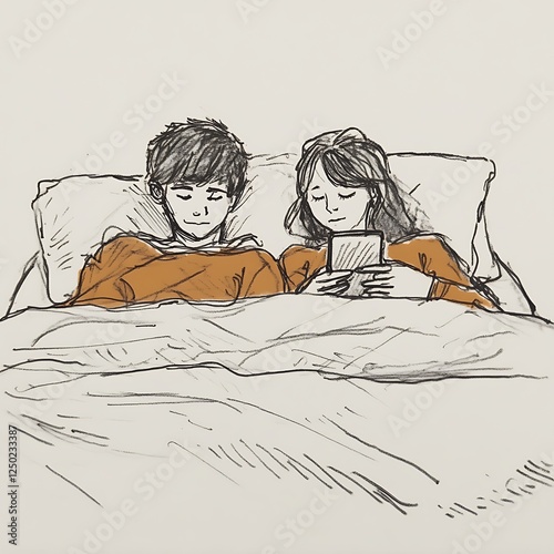 there are two people laying in bed with a tablet computer