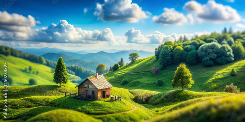 Obraz premium Miniature Watercolor Landscape: Charming Hut in Rolling Hills - Tilt-Shift Photography