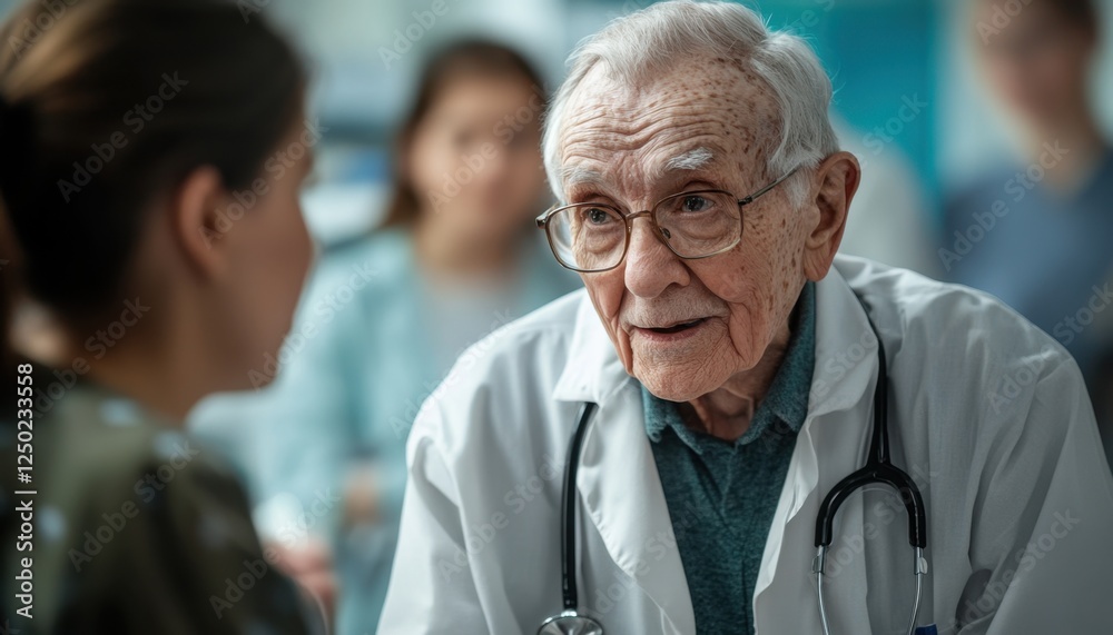 Fototapeta premium Compassionate Healthcare An Elderly Doctor in Consultation with a Patient, showcasing the dedication of senior physicians in modern medicine Emphasizing the importance of empathy and experience in