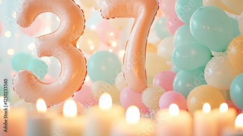 A Festive Celebration of Turning 37: Vibrant Balloons and Glowing Candles Create a Joyful Atmosphere for a Special Birthday Event photo