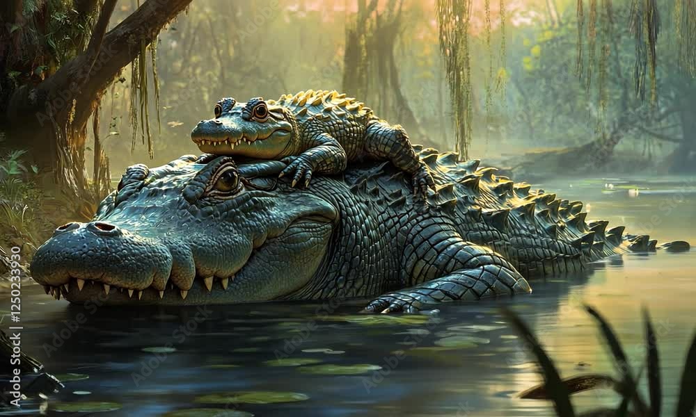 Crocodile and Baby Frog Resting on a Riverbank at Dawn Crocodile and Baby Frog Resting on a Riverbank at Dawn