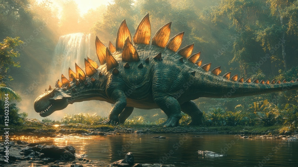 Fototapeta premium Majestic dinosaur roaming near a serene waterfall in a lush prehistoric jungle