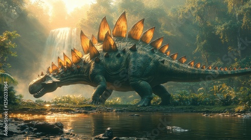 Majestic dinosaur roaming near a serene waterfall in a lush prehistoric jungle