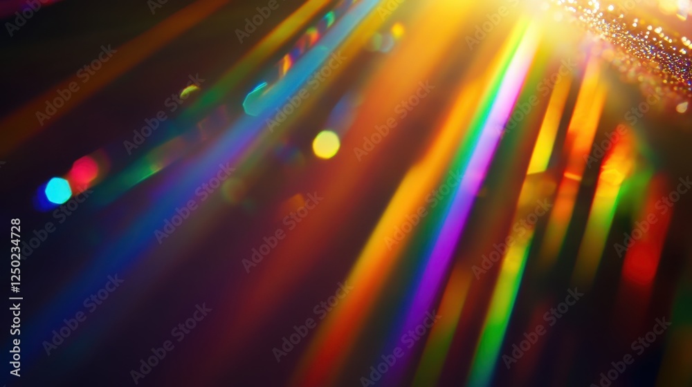 Obraz premium Vibrant Rainbow Light Leak with Sparkle Bokeh Overlay Effect, Abstract Background.