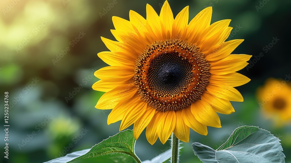 Fototapeta premium Vibrant sunflower blooming under sunlight with lush green background, showcasing nature's beauty