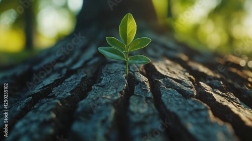 Discover the captivating beauty of nature with this incredible tree bark close-up, showcasing the intricate textures and resilience of life Observe how small green leaves bravely grow in the cracks photo