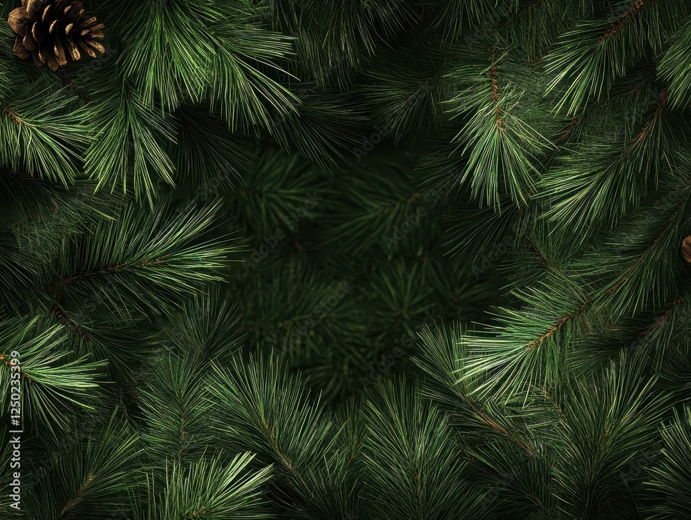 Lush Green Pine Branches and Pinecone Frame with Dark Center, Perfect for Winter and Holiday Backgrounds. Lush Green Pine Branches and Pinecone Frame with Dark Center, Perfect for Winter and Holiday Backgrounds.
