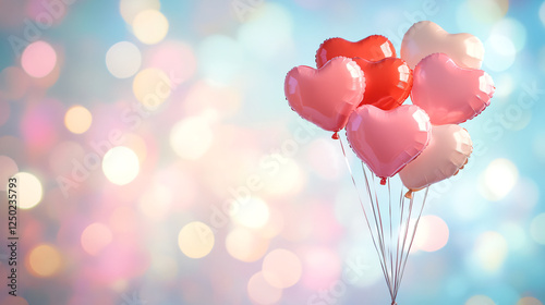 Colorful heart-shaped balloons floating against a dreamy bokeh background.