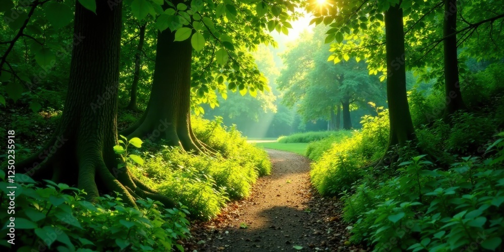 Fototapeta premium Serene Forest Path at Sunrise Sunlight Illuminates Lush Green Canopy and Winding Trail