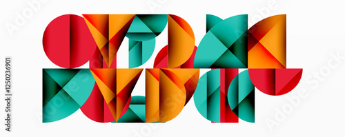 Abstract geometric background with layered gradient shapes forming dynamic patterns. Overlapping semi circles and triangles create depth and contrast