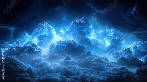Majestic blue clouds illuminated by lightning in a dramatic night sky, evoking a sense of wonder