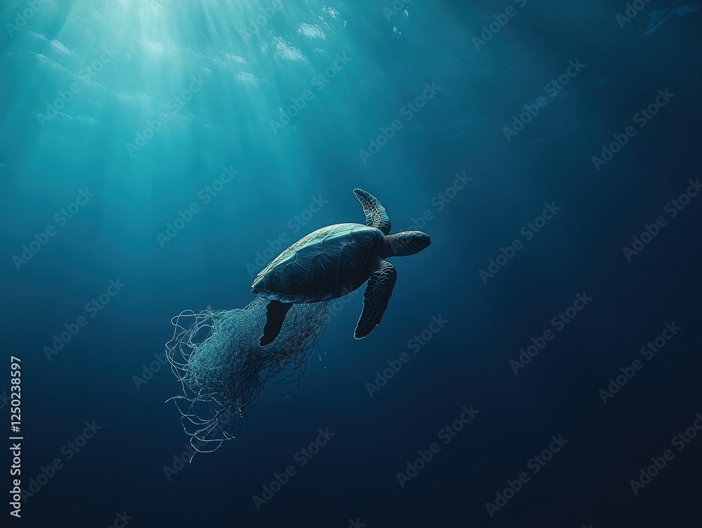 Ocean Conservation Concept. A serene underwater scene featuring a turtle swimming gracefully in dark waters, illuminated by soft rays of light. Ocean Conservation Concept. A serene underwater scene featuring a turtle swimming gracefully in dark waters, illuminated by soft rays of light.