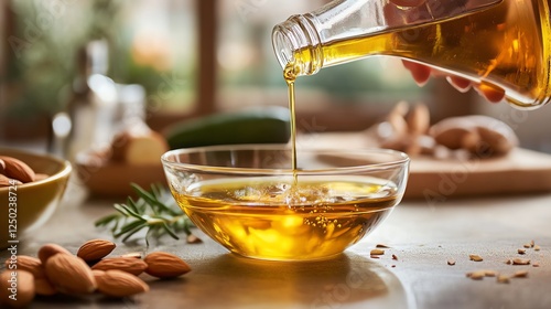 Pouring fresh olive oil into a bowl surrounded by ingredients. photo