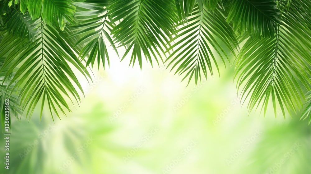 Obraz premium Lush Green Palm Leaves Border Frame on Soft Bokeh Background for Tropical Design