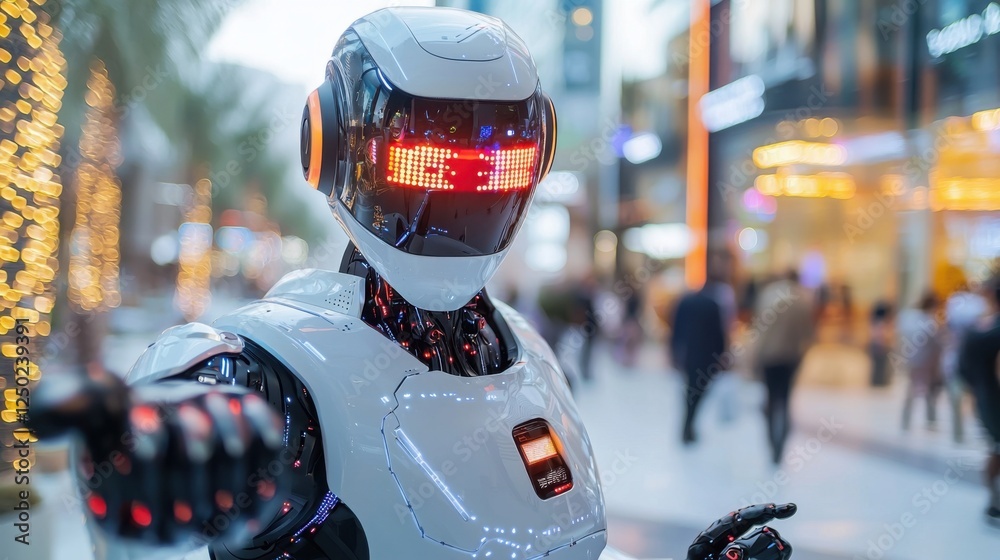Futuristic Robot Gesturing In A Bright City Setting Futuristic Robot Gesturing In A Bright City Setting
