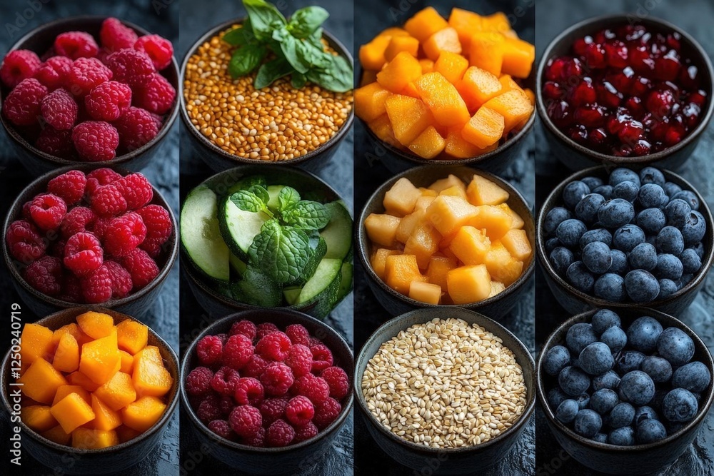 Assortment Of Fresh Fruits And Vegetables In Bowls Assortment Of Fresh Fruits And Vegetables In Bowls