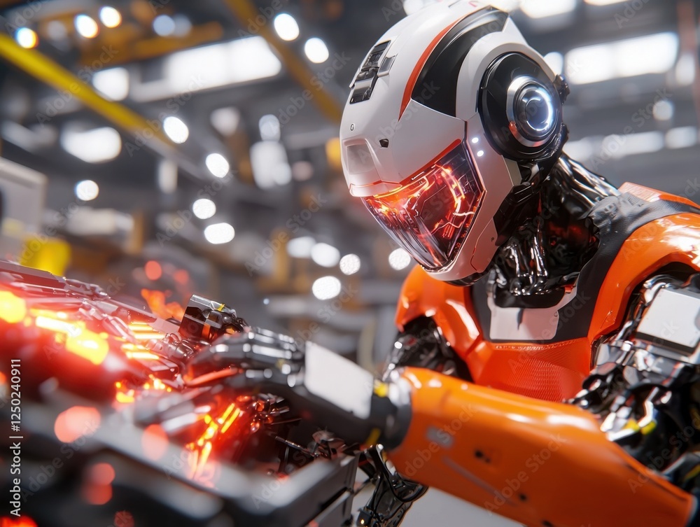 Fototapeta premium Futuristic Robot Working Diligently in a High-Tech Manufacturing Environment