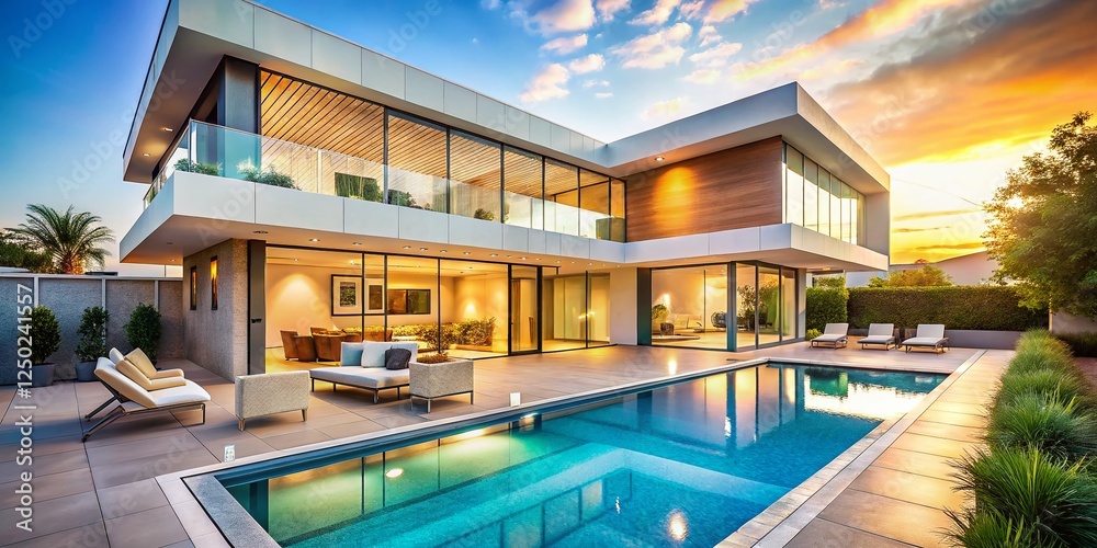 Fototapeta premium Modern Light House Exterior, Pool, Patio, Stylish Architecture, Sunny Day Stock Photo