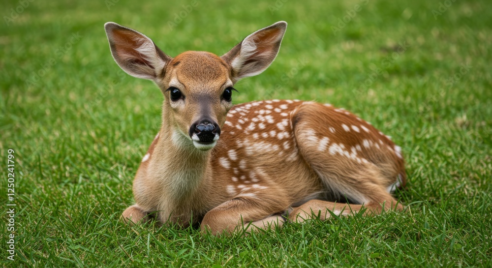 A Fawn Lies Resting In Green Grass A Fawn Lies Resting In Green Grass