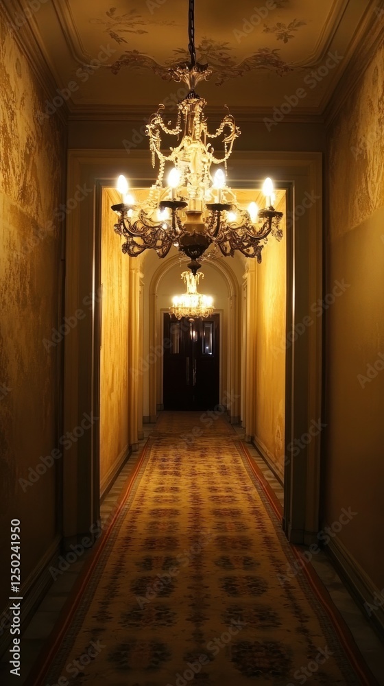 Naklejka premium Elegant Vintage Hallway with Crystal Chandeliers and Rich Gold Walls