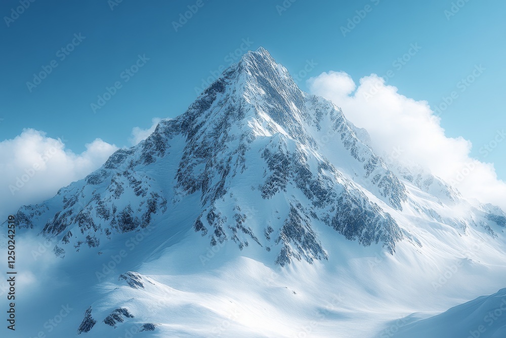 Obraz premium Majestic Snow-covered Mountain Peak Under Clear Blue Sky with Fluffy Clouds - Natural Beauty and Tranquility