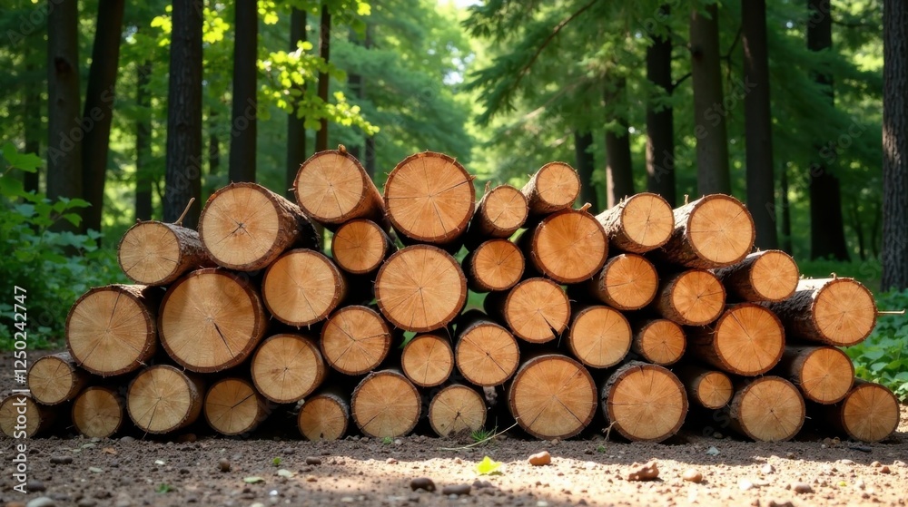 A stack of neatly arranged tree trunks in a sun-dappled forest A stack of neatly arranged tree trunks in a sun-dappled forest