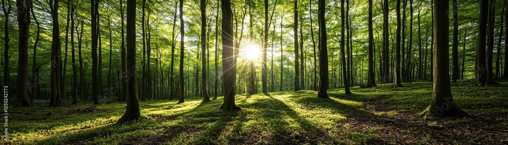Naklejka premium A serene forest scene featuring tall trees, dappled sunlight filtering through the leaves, and soft shadows on the ground, evoking tranquility and nature's beauty.
