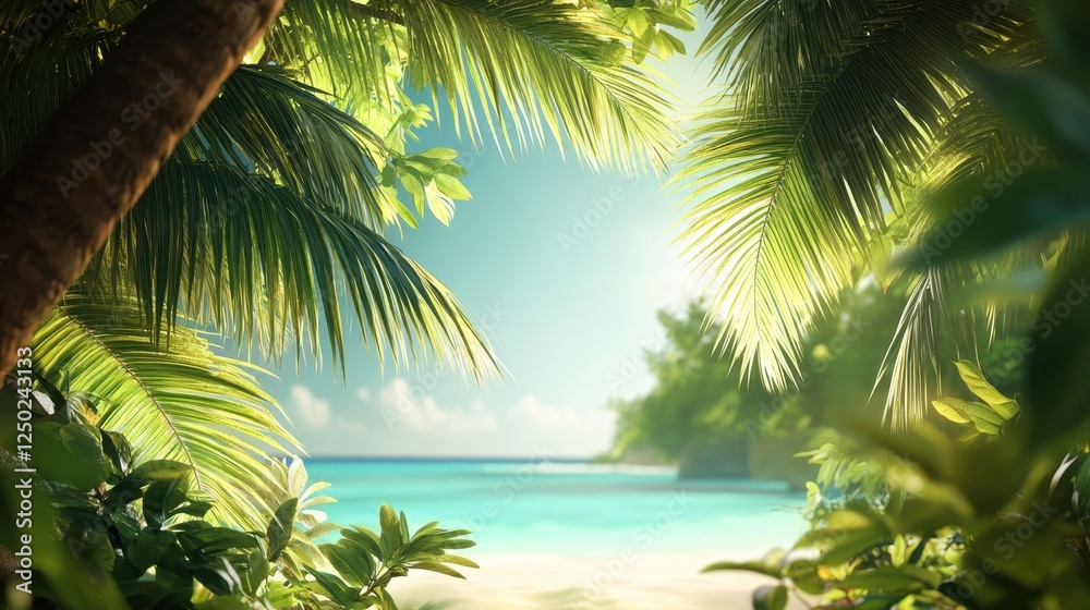 Fototapeta premium Tropical Paradise Beach Scene Framed by Palm Trees Turquoise Water, White Sand, and Lush Greenery.