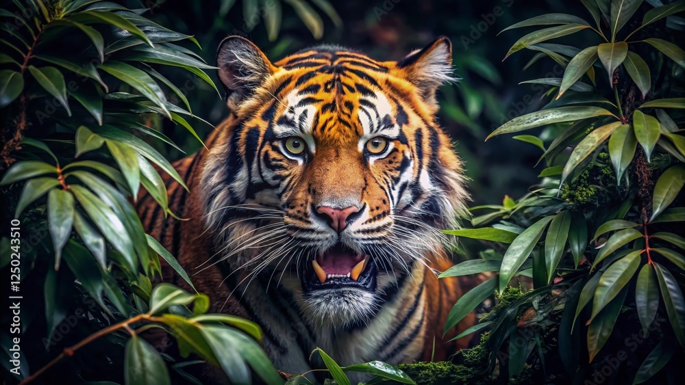 Monochromatic Tiger: Hidden Predator in Dark Foliage - Dramatic Wildlife Photography Monochromatic Tiger: Hidden Predator in Dark Foliage - Dramatic Wildlife Photography