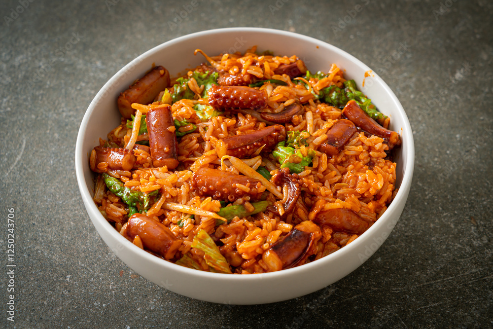 Stir-fried squid or octopus with Korean spicy sauce rice bowl Stir-fried squid or octopus with Korean spicy sauce rice bowl