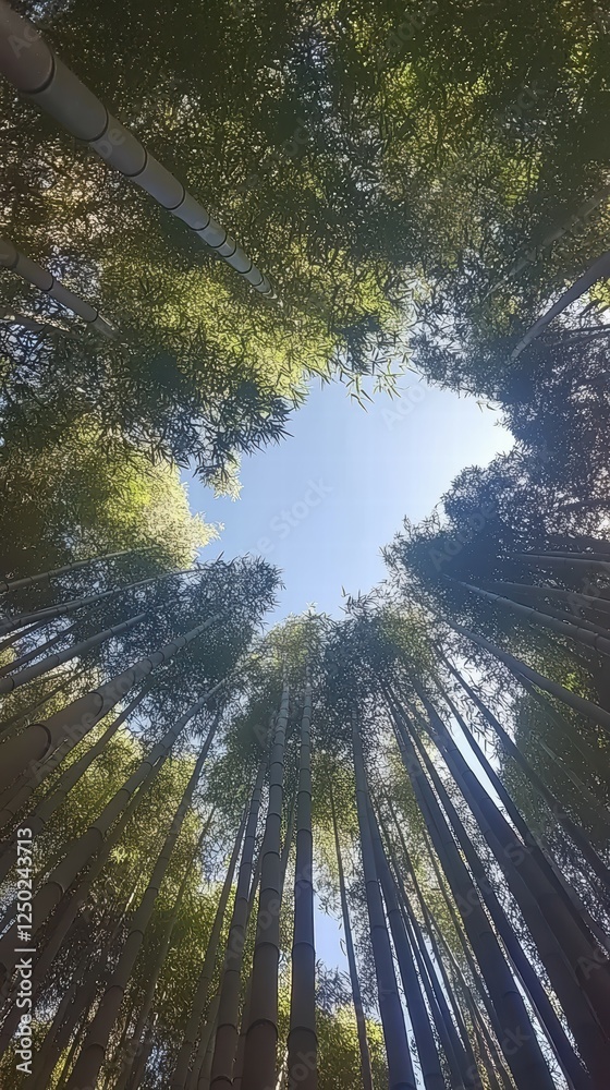 Fototapeta premium Serene View of Bamboo Forest Canopy with Blue Sky Above