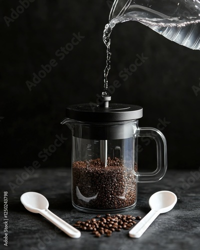 Pouring Water into French Press, Dark Background, Coffee Beans photo