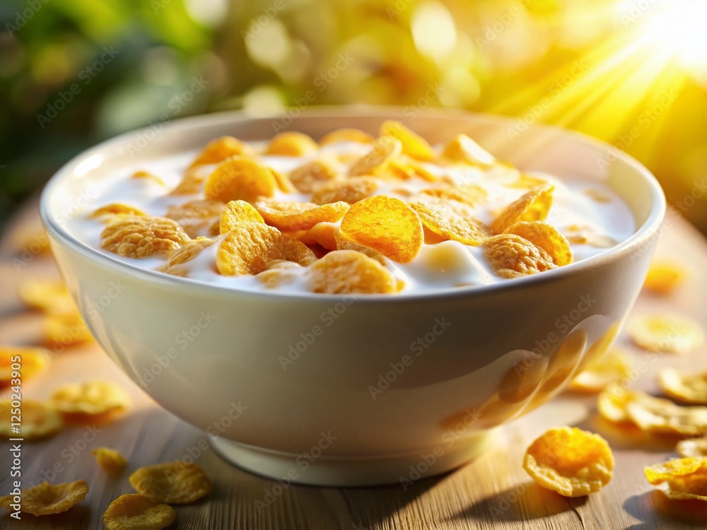 Morning Cereal: Corn Flakes in Milk, Tilt-Shift Photography Morning Cereal: Corn Flakes in Milk, Tilt-Shift Photography