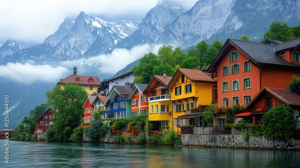 Fototapeta premium Colorful lakeside houses reflect in calm water with majestic mountains in the background