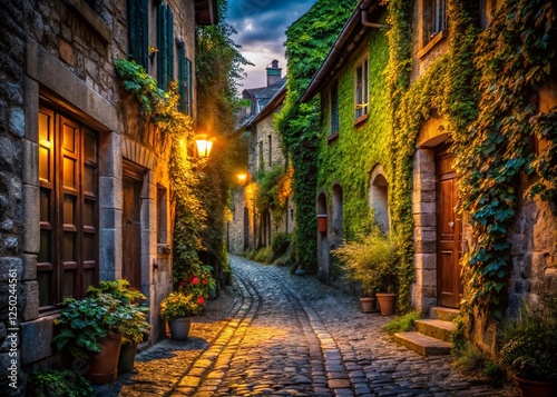 Mysterious Narrow Village Street, Cobblestone Alleyway, Urban Exploration Photography
