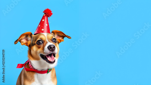 Cute dog celebrating with red pary hat and blow-out against a blue background and copy space to side. photo