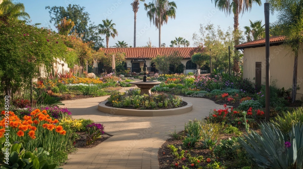 Fototapeta premium Serene Garden Oasis: A Tranquil Courtyard with Vibrant Blooms