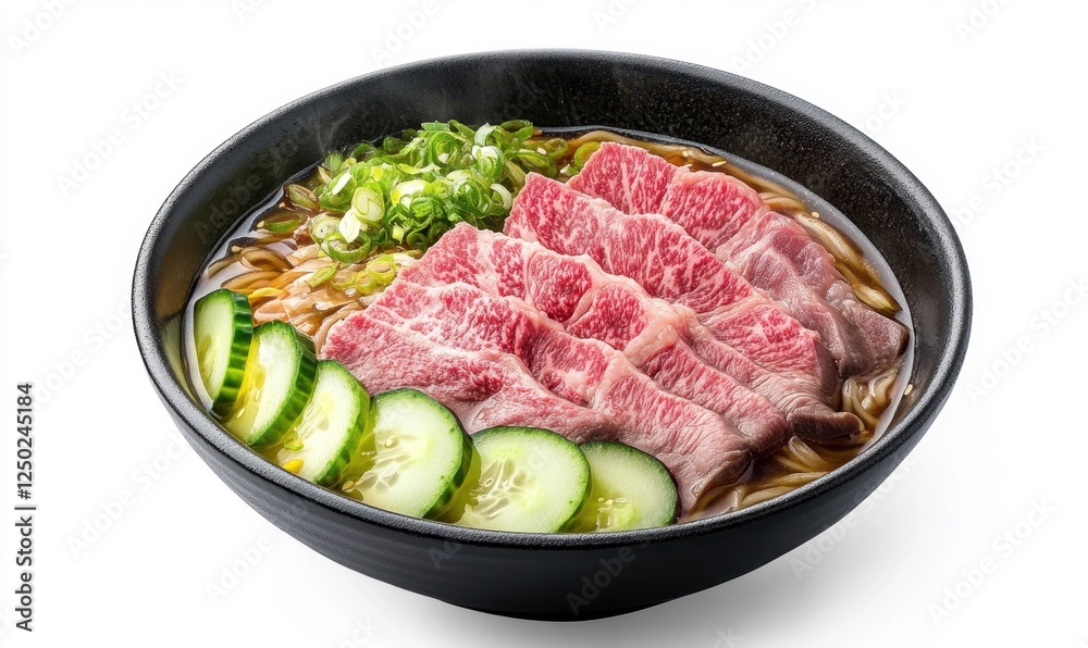 Steaming beef noodle soup, garnished with cucumber and scallions, on white background; for food blogs Steaming beef noodle soup, garnished with cucumber and scallions, on white background; for food blogs
