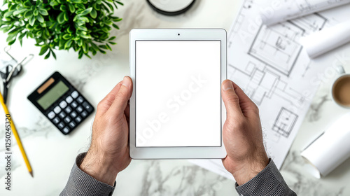 A man holds a tablet with a white screen in his hands. Mockup of the tablet on the background of the architect's desk. The office of a construction company. Presentation of the website or application