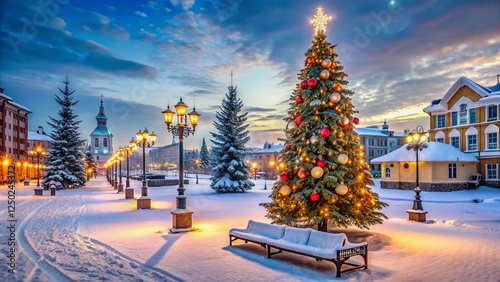 Nadym, Western Siberia: Festive City Square with Christmas Tree, January 2022 photo