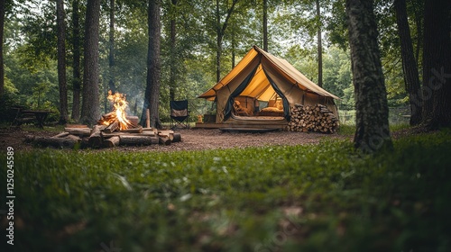 Cozy camping scene with a tent, campfire, and wood pile in a serene forest setting